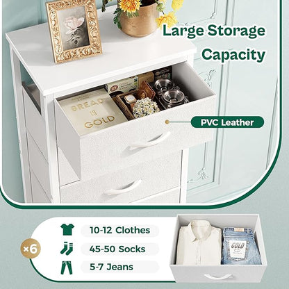 Huuger 43.3 Inch Tall Dresser for Bedroom, 6 Drawer Dresser & Chests of Drawers, Fabric Dresser for Closet, Bedroom, Night Stand, End Table with Metal Frame, Storage Tower with Fabric Bins, White