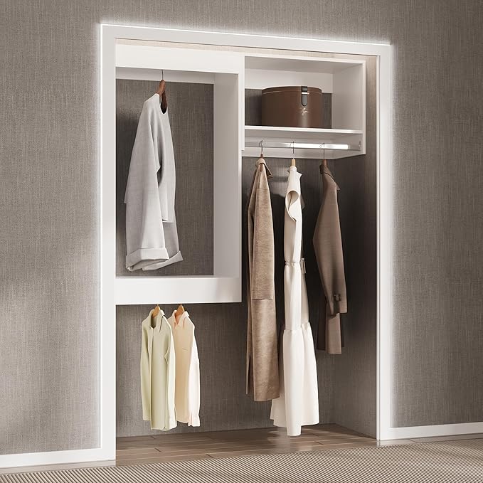 Modular Closet System, 70" Wide Closet Organizer System with Hanging, Wood Tower Closet Storage for Walk In Closets, Wall Mounted Wardrobe Organizer Kit System, Bedroom, White