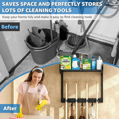 Broom Holder Wall Mount, 15" Large Mop and Broom Organizer Wall Hanging with Top Storage Shelf, Heavy Duty Iron Utility Rack for Laundry Room, Garage, Kitchen, Garden - Black