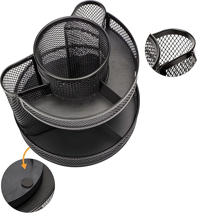 Annova Mesh Desk Organizer Rotate with 5 Compartments Round Spinning Tidy Candy/Pen Holder Desk Accessories Office, Art Supply, Storage, Classroom, Home (Black)