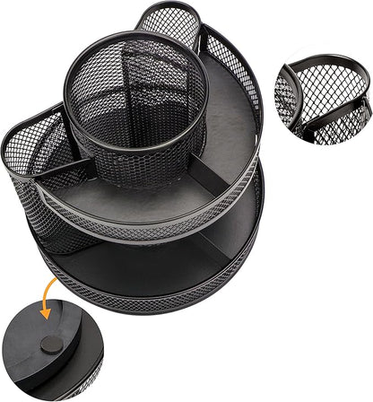 Annova Mesh Desk Organizer Rotate with 5 Compartments Round Spinning Tidy Candy/Pen Holder Desk Accessories Office, Art Supply, Storage, Classroom, Home (Black)
