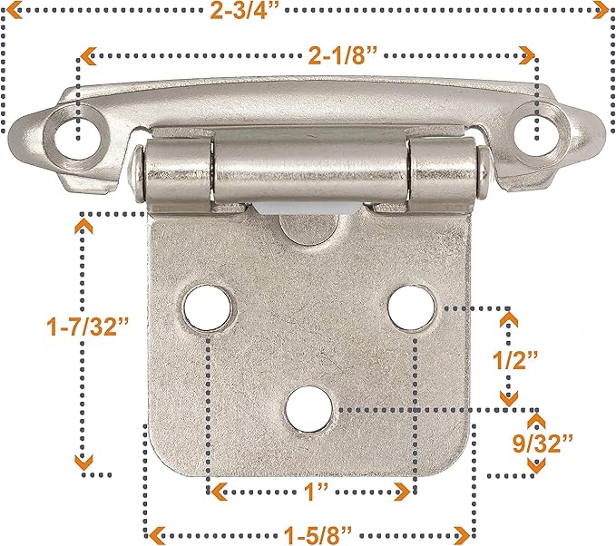 DecoBasics Cabinet Hinges Brushed Nickel for Kitchen Cabinets Doors (5 Pair -10 Pcs) -1/2" Overlay (Variable) -Self Closing Kitchen Cabinet Hinges Flush Mount w/Silicon Bumpers & Hardware Screws