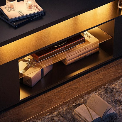 Black TV Stand 65 inch,LED TV Stand for Living Room,Glass Entertainment Center TV Stand, TV Console Tables for Living Room,Bedroom,Home Office