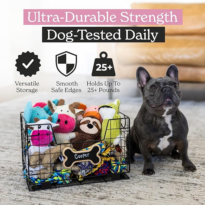 Metal Dog Toy Basket for Dogs and Cats (15” x 10” x 9”) - Heavy-Duty Storage Bin Holds Pet Chew Toys, Bones, Ropes, Blankets, Towels, Treats - Large Dog Toy Box for Living Room Area Organization