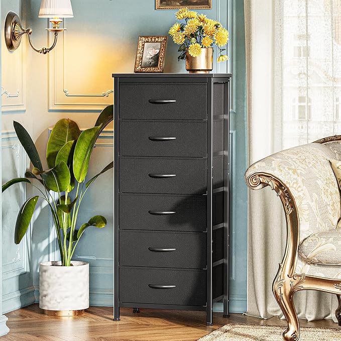Huuger 43.3 Inch Tall Dresser for Bedroom, 6 Drawer Night Stand & Chests of Drawers, Fabric Dresser for Closet, Bedroom, Nightstand, End Table with Metal Frame, Storage Tower with Fabric Bins, Black