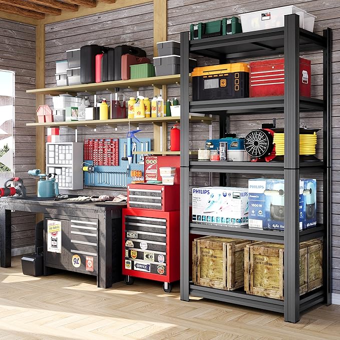 24"W Metal Garage Shelving Unit, Heavy Duty Adjustable Storage Rack, Steel Shelving, Industrial Shelves for Heavy Tools and Equipment, Ideal for Garage, Basement, Black (5-Tier 63"Hx23.6"Wx13.8"D)