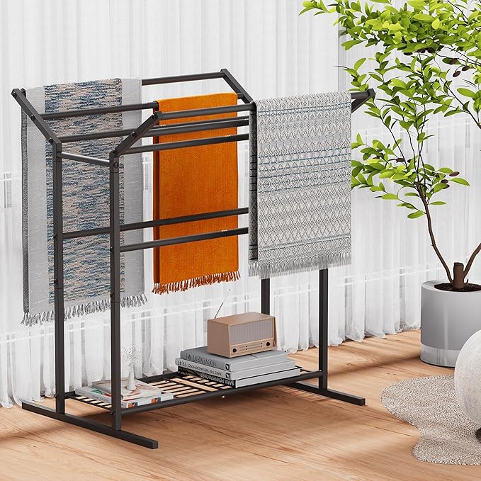 Free Standing Towel Rack for Bathroom, 40.3" Tall 6 Tier Quilt Rack Stand, Large Quilt Blanket Holder with Storage Shelves for Living Room Black Metal