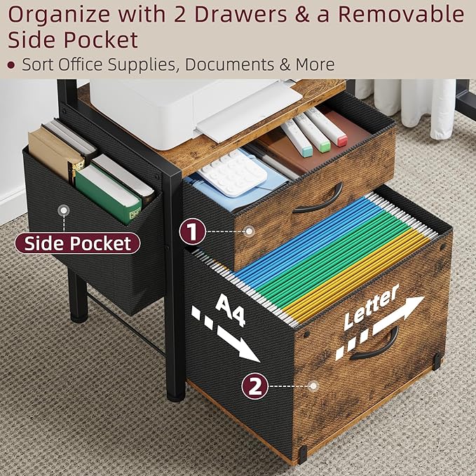 Filing Cabinet with 2-Tier Printer Shelves, 2 Fabric Drawers File Cabinet with Side Bag&File Drawer for A4/Letter Size, Printer Stand with Storage for Home Office, Rustic Brown, 16.5" W