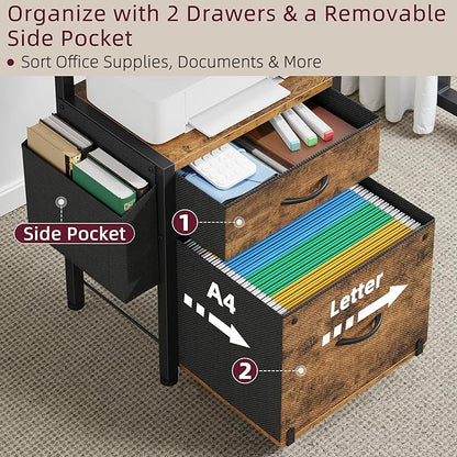 Filing Cabinet with 2-Tier Printer Shelves, 2 Fabric Drawers File Cabinet with Side Bag&File Drawer for A4/Letter Size, Printer Stand with Storage for Home Office, Rustic Brown, 16.5" W