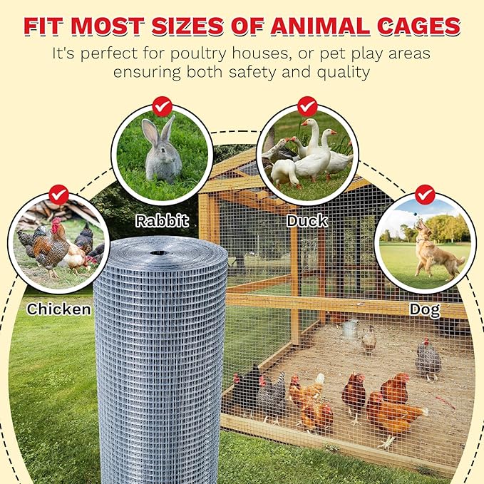 Hardware Cloth,1/2inch 24inx50ft 19 Gauge,Double-Layer Hot-Dip Galvanizing After Welding,Chicken Wire Fence Wire Mesh Fence Poultry Netting Garden Fence Tree Guard Rolls