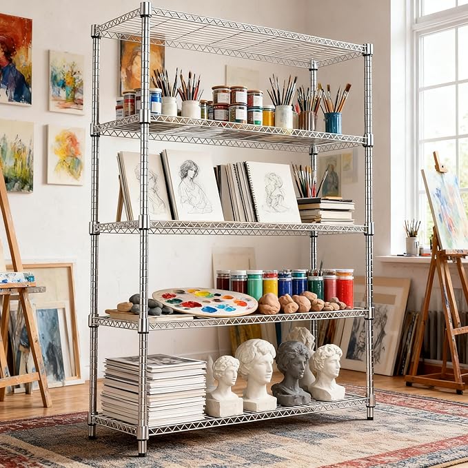 1750LBS 47.2" W 5 Tiers Shelf Steel Storage Shelves Metal Shelving Unit Steel Organizer Wire Rack for Home,Kitchen,Office,Garage Chrome 17.7" D x 47.2" W x 72.4" H