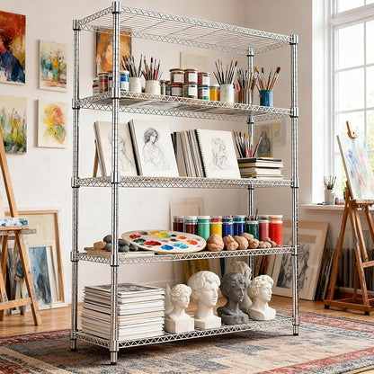 1750LBS 47.2" W 5 Tiers Shelf Steel Storage Shelves Metal Shelving Unit Steel Organizer Wire Rack for Home,Kitchen,Office,Garage Chrome 17.7" D x 47.2" W x 72.4" H