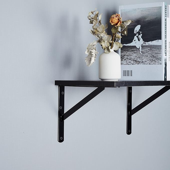 4-Pack 8 Inch Heavy Duty Shelf Brackets, Large Wall Brackets for Floating Shelves, 90 Degree Triangle L Bracket, Black Powder-Coated Steel