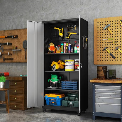Metal Garage Storage Cabinet with Wheels,71" Tool Storage Cabinet with Adjustable Shelves,Lockable Storage Cabinets with Pegboards for Warehouse,Workshop,Garage,Basement,Utility Room(Black Grey）