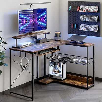 Computer Desk, L Shaped Gaming Desk with Monitor Stand & Storage Shelf & LED Light & USB Power Outlet, Reversible Shelves Corner Table with Keyboard Tray for Gaming, Home Office, Study