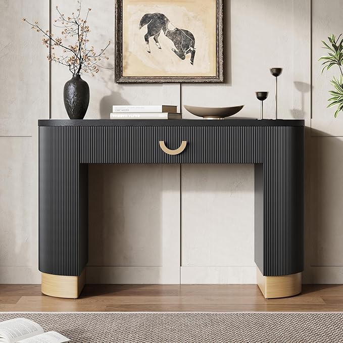 Modern Console Table with Vertical Ribbed Design, Compact Storage Entryway Table with Functional Drawer for Living Room