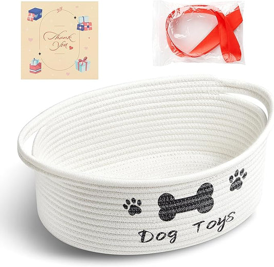 Small Woven Dog Gifts Basket for Storage Empty Dog Toy Bins Organizer with Ribbons and Bags Durable Cute Pet Gifts 12"X 8" X 5" Small Rope Basket for Gifting