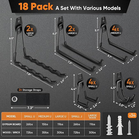 Nacial 18 Pack Garage Hooks Heavy Duty, Utility Steel Garage Storage Hook with 2 Storage Straps, Utility Garage Wall Mount Hooks for Hanging Bike, Ladder and Garden Tools, Perfect for Father Day Gifts