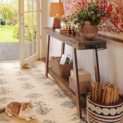 Huuger Console Table with Charging Station, USB-C Port, 2 Tiers Entryway Table, 47.2 Inch Sofa Table with Metal Legs, Entry Hallway Table with Thicker Desktop, Behind Couch Table, Rustic Brown