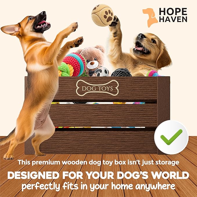 Hope Haven Wooden Dog Toy Box – Premium Chew-Resistant Solid Wood Pet Storage Bin – Aesthetic Large Capacity Organizer for Dog Toys, Leashes & Treats – Designer Home Decor (15x11x8, Natural Brown)