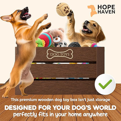 Hope Haven Wooden Dog Toy Box – Premium Chew-Resistant Solid Wood Pet Storage Bin – Aesthetic Large Capacity Organizer for Dog Toys, Leashes & Treats – Designer Home Decor (15x11x8, Natural Brown)