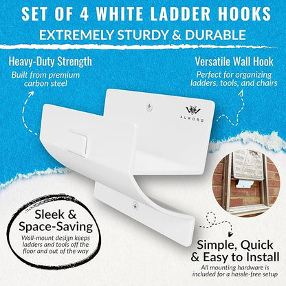 Ladder Hooks Set of 4 – White Heavy Duty Garage Wall Hooks, Use as Ladder Holder, Step Stool Hanger