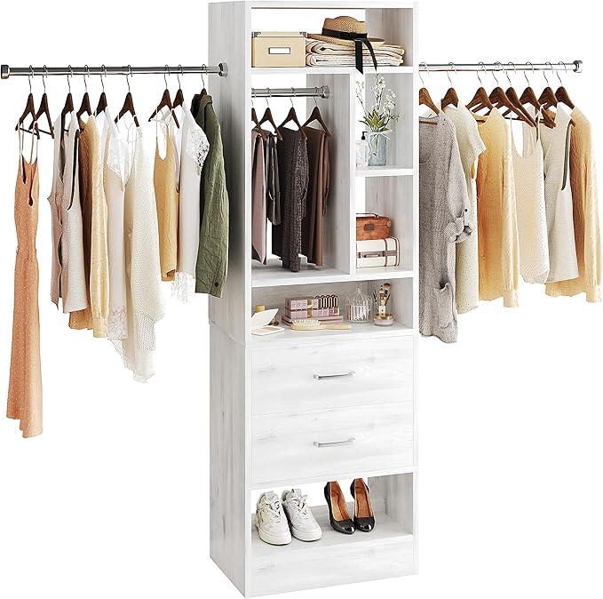 COTUBLR Closet System, 48" W - 105” W Closet Organizer with 24” Tower and 2 Extendable Hanging Rods, Walk-in Wardrobe Garment Rack with 2 Wooden Drawers and 6 Shelves, Fit up to 600 LBS (White Oak)