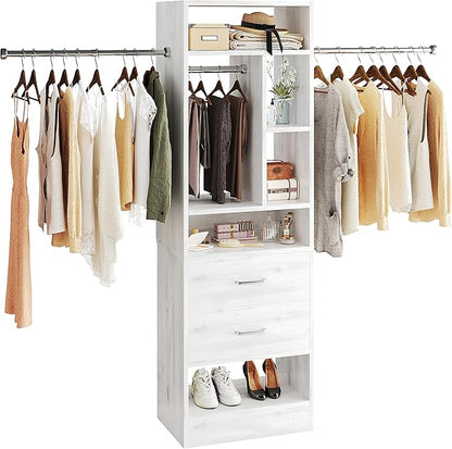 COTUBLR Closet System, 48" W - 105” W Closet Organizer with 24” Tower and 2 Extendable Hanging Rods, Walk-in Wardrobe Garment Rack with 2 Wooden Drawers and 6 Shelves, Fit up to 600 LBS (White Oak)