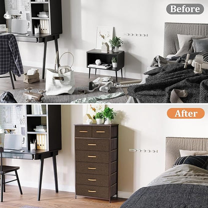 Tall Dressers for Bedroom, 7 Drawers Dresser Fabric Storage Closets Storage Units Organizer Tower Steel Frame Wooden Top for Bedroom, Hallway,Nursery, Entryway(Dark Brown)