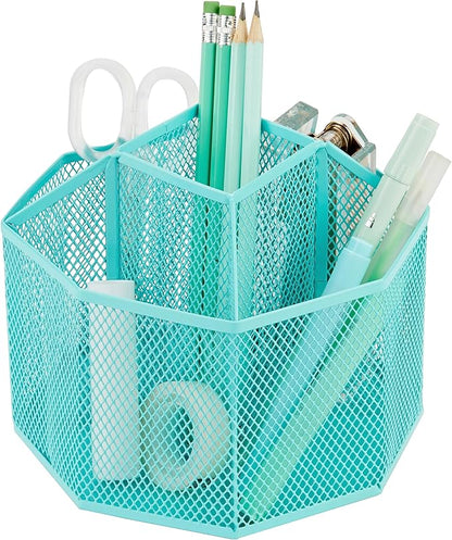 Annova Mesh Desk Organizer Rotate with 5 Compartments Spinning Tidy Candy/Pen Holder Office, Art Supply, Storage, Classroom, Home (Turquoise)