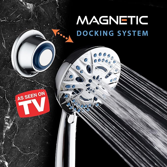 Magneton High-Pressure 8-mode Handheld Shower Head with Magnetic Guidance Docking System - 2 Magnetic Brackets, 5 inch Face, Hygienic Jets, 6 ft. Stainless Steel Hose/All Chrome Finish