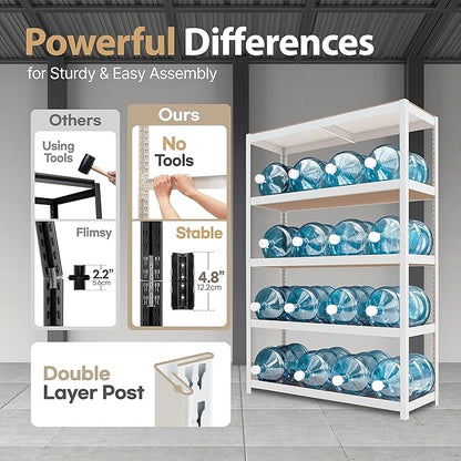 HOMEDANT House 5 Tier Heavy Duty Garage Shelving Adjustable Metal Rack Storage Shelves Standing Shelf Unit Organizers Pantry Closet Office (2, White, 48.1" W x 24.4" D)