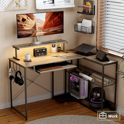 Computer Desk, L Shaped Gaming Desk with Monitor Stand & Storage Shelf & LED Light & USB Power Outlet, Reversible Shelves Corner Table with Keyboard Tray for Gaming, Home Office, Study