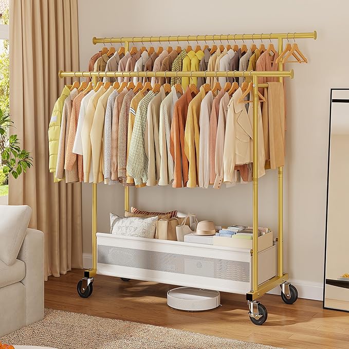 Clothes Rack, Double rods clothing rack, Clothing Racks for hanging clothes, Rolling clothes rack with Storage Basket & Heavy Duty Wheels, garment rack for Bedroom, Laundry Room, Gold