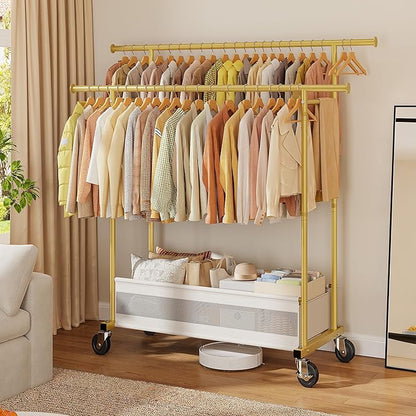 Clothes Rack, Double rods clothing rack, Clothing Racks for hanging clothes, Rolling clothes rack with Storage Basket & Heavy Duty Wheels, garment rack for Bedroom, Laundry Room, Gold