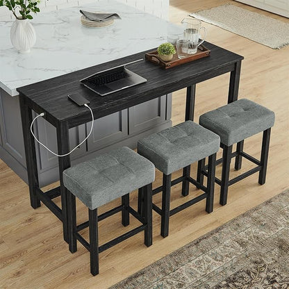 59" Power Outlet Mid Century Console Table, Slim Console Table with Solid Wood Frame, Long Narrow Console Tables for Living Room & Kitchen, Black