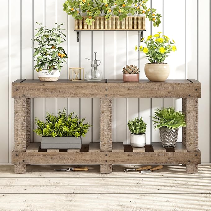 62.9-Inch Extra-Length Tabletop Vintage Entryway Table, Solid Cedar Wood Console Table with 6 Reinforced Legs, Metal Rivet Decor and Plank Under-Shelf for Hallway, Living Room (Natural-J41)