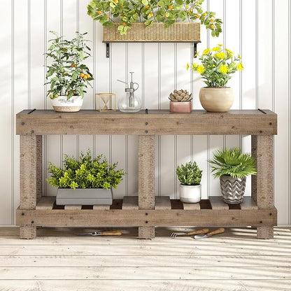 62.9-Inch Extra-Length Tabletop Vintage Entryway Table, Solid Cedar Wood Console Table with 6 Reinforced Legs, Metal Rivet Decor and Plank Under-Shelf for Hallway, Living Room (Natural-J41)