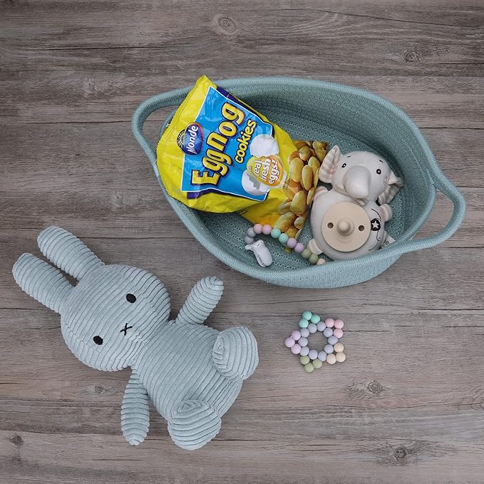 Small Woven Basket Cute Oval Cotton Rope Baby Gifts Baskets with Handle Empty Wicker Storage Baskets For Kids Cat Dog Toy Nursery Bin Easter Basket Light Green