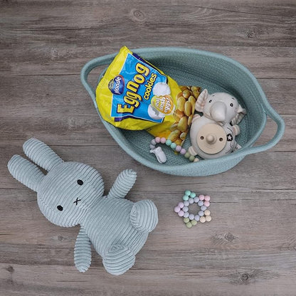 Small Woven Basket Cute Oval Cotton Rope Baby Gifts Baskets with Handle Empty Wicker Storage Baskets For Kids Cat Dog Toy Nursery Bin Easter Basket Light Green
