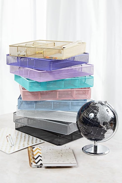 Annova Desk Top Organizer Tray for Office Organization - Metal Mesh - Storage Tray with Dividers for Pens, Desktop Accessories, Bathroom, Kitchen, Makeup and Office Supplies (Large, Black)