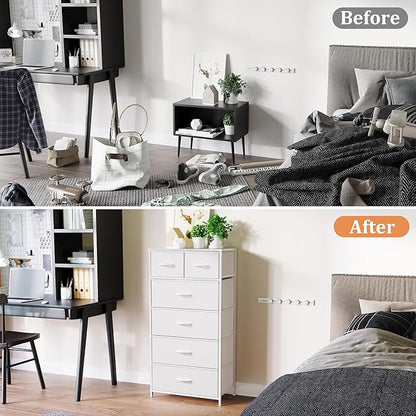 Fabric Dresser for Bedroom, Tall Skinny Dresser with 6 Drawers, Storage Organizer Tower, Steel Frame Wooden Top for Closet, Living Room, Hallway(White)