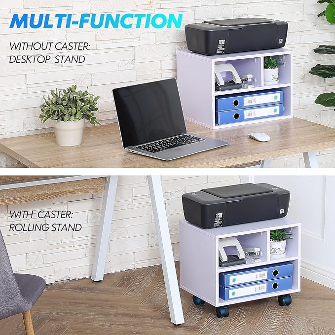 FITUEYES Under Desk Printer Stand with 3 Storage Organizer Compartments, White Mobile Small Printer Table Work Cart on Removable Casters for Home Office, 15.7 in. W x 11.8 in. D x 13.8 in. H