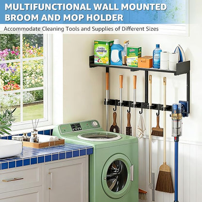 Broom Holder Wall Mount, 27" Large Mop and Broom Organizer Wall Hanging with Top Storage Shelf & Vacuum Hook, Heavy Duty Iron Utility Rack for Laundry Room, Garage, Kitchen, Garden - Black