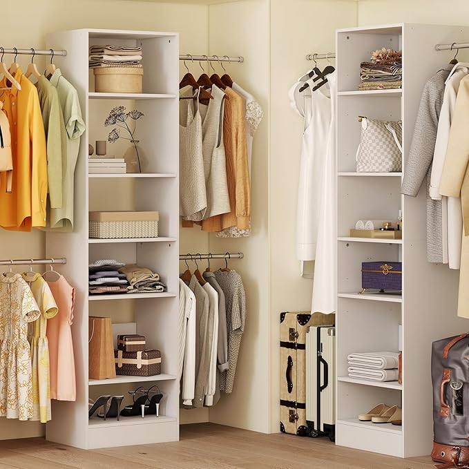 Closet System, 4Ft-9Ft Closet Organizer System With Adjustable Shelves, Walk-In Closet Storage System With 5 Expandable Hanging Rods, Adjustable Cloth Garment Rack from 4 to 9FT, White