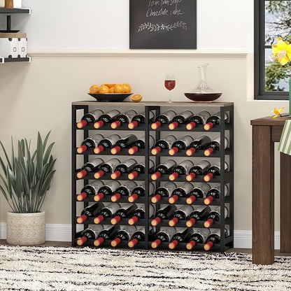 6 Tier Bamboo Wine Rack Freestanding Floor, 48 Bottles Wine Storage Shelves with Table Top, Stackable Wine Display Rack for Kitchen, Bar, Dining Room (Ivory White and Black, 48 Bottles)