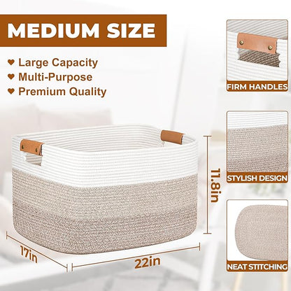 danpinera Blanket Basket, 72L Woven Storage basket with Leather Handle, Eco-friendly Decorative Storage Organization in Bathroom & Living Room for Towels 22 ''*17 ''*11.8 '', Gradient Brown