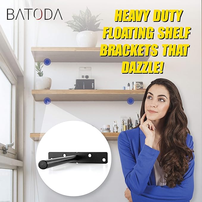 BATODA - 8" Floating Shelf Bracket Heavy Duty (6 pcs) –Solid Steel Blind Shelf Supports - Hidden Brackets for Floating Wood Shelves - Blind Shelf Support - Shelving Mounting Hardware Included (Pack 6)