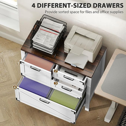 HOMCOM 4 Drawer File Cabinet, Farmhouse Lateral Filing Cabinet with Adjustable Hanging Rails for Letter/A4/Legal Size Files, Printer Stand for Home Office, White