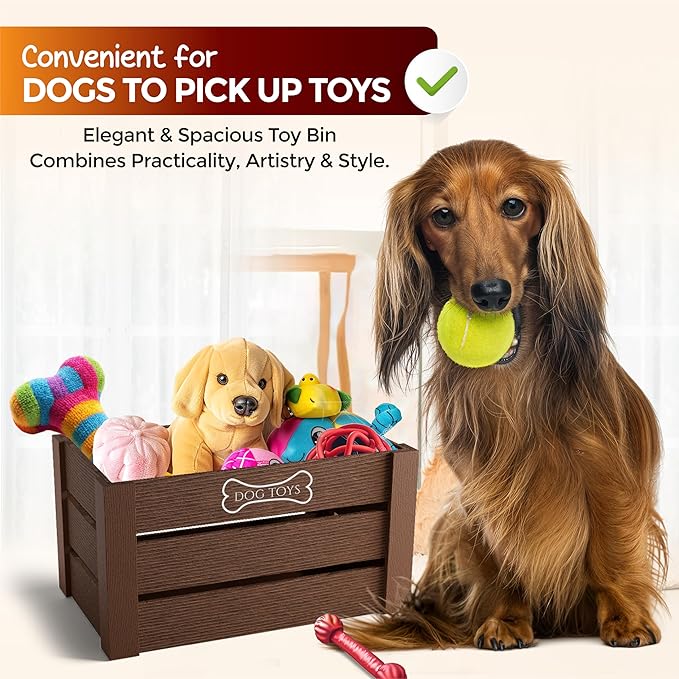 Hope Haven Wooden Dog Toy Box – Premium Chew-Resistant Solid Wood Pet Storage Bin – Aesthetic Large Capacity Organizer for Dog Toys, Leashes & Treats – Designer Home Decor (15x11x8, Natural Brown)
